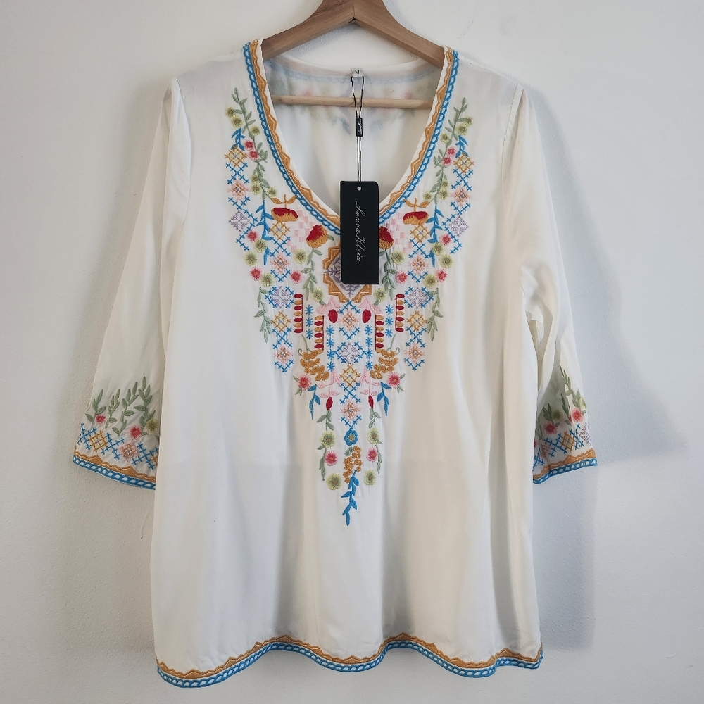 New Laura Klein Embroidered Top 100% Cotton Rayon